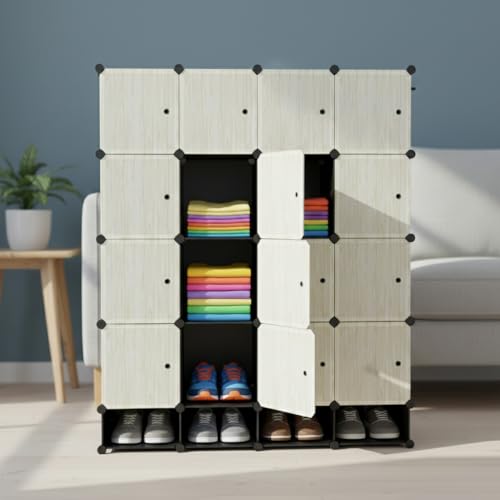 Image of KRISHYAM 12 Box Collapsible Wardrobe Organizer with Doors & 3 Shoe Box Storage, DIY Closet Cabinet for Clothes, Shoes, Toys, Books & Bedroom Storage