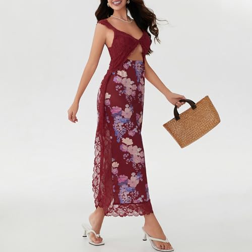 Image of Women Sexy Lace Patchwork Mesh Dress Floral Print Cutout Sweetheart Neck Backless Slit Summer Maxi Dress