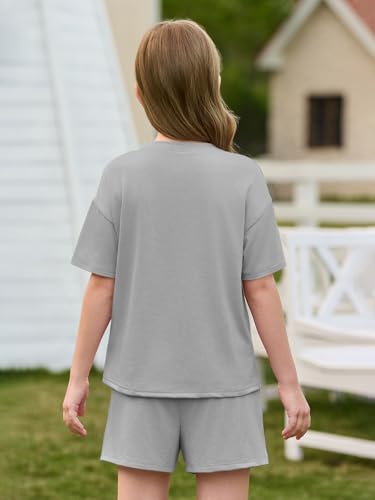 Image of Haloumoning Girls Summer 2 Piece Outfits Kids Oversized T Shirts and Shorts Clothing Sets 5-14 Years
