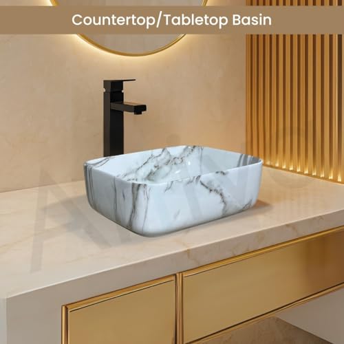 Image of Artiva Ceramic Wash Basin /Tabletop Washbasin For Bathroom,12 inchx16 inch /Small Countetop Bathroom Basin /Table Top Basin For Home,Office,Hotel /Rectangle Glossy Sink (Marble-White,12x16 Inch)