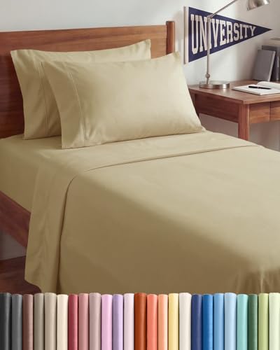 Image of Twin XL 4 Piece Sheet Set - College Dorm Room Essentials - Beige | Ultra Soft Dorm Bedding Set, 8 inch to 16 inch Inch Deep Pockets, 1 Flat & 1 Fitted Sheet & 2 Pillowcases, Wrinkle & Fade Free