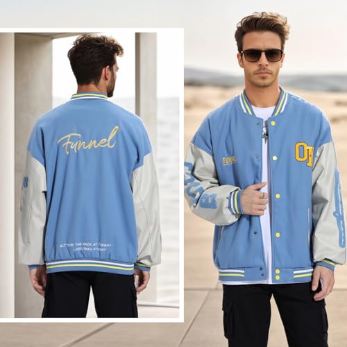 Image of Mens Varsity Jacket Baseball Bomber Jacket Vintage Unisex Streetwear Coats with Patchwork Hipster Utility Tops