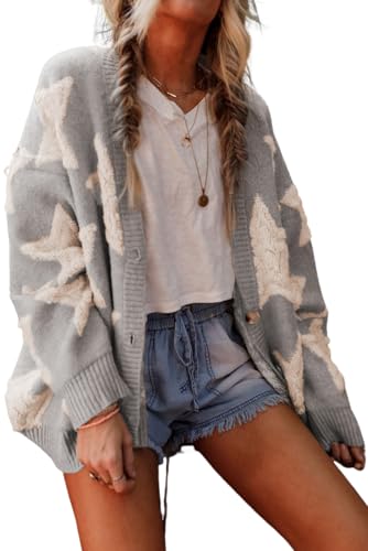 KevaMolly Women Star Sherpa Textured Pockets Knit Cardigan Gray L
