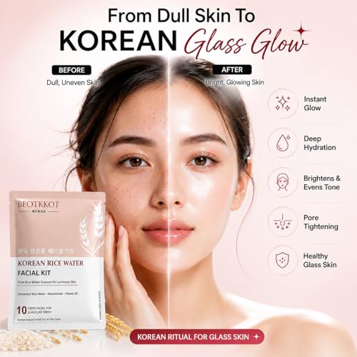 Image of Korean Rice Water Facial Kit | 10-Step Facial Kit with 11 Sachets for 2 time Uses | Fermented Rice Water, Niacinamide, Sea Algae & Vitamin B5 | Instant Glow, Brightening, De-Tan & Deep Hydration | Dermatologically Tested | For All Skin Types