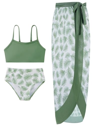 ESHOO Girls Swimsuit 3 Piece Bikinis Sets with Cover Up Skirt Wrap Bathing Suit Kids Summer Beach Swimwear for Teen Girls