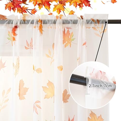 youleyar Fall Sheer Curtains for Living Room 63 Inches Long 2 Panels Orange Semi-Sheer Curtain with Maple Leaves Printed Pattern Fall Rod Pocket Voile Drapes for Bedroom, 52" W x 63" L by youleyar - Used condition - Image 3