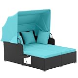 Tangkula Patio Rattan Daybed with Retractable Canopy, Patiojoy Wicker Sun Lounger with 2 Foldable Side Panels, Thick Seat & Back Cushions, for Garden, Backyard, Porch (Turquoise)