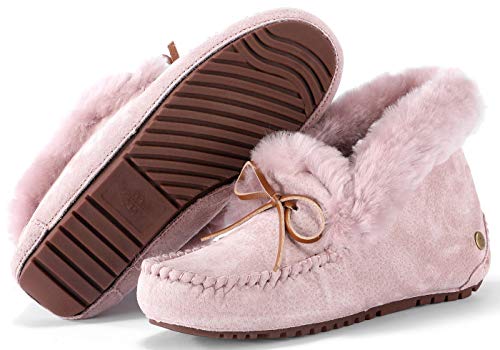 Image of Women's Moccasin Slippers with Warm Wool Lining, Pigskin Leather Non-Slip Rubber Sole for Indoor and Outdoor Casual Winter Flat Shoes