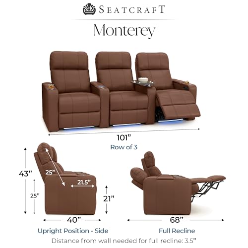 Image of Seatcraft Monterey Home Theater Seating Tobacco Row of 3 | Italian Leather, Wall Hugger, Zero Gravity, Powered Headrest, Power Recline, Zero Gap, USB charging
