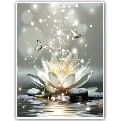 LB Décoration Murale Spa Zen Gris Poster Mural Fleur de nénuphar blanc avec papillon Toile Peinturen Yoga Détente pour Salon Cuisine Bain Chambre Bureau...