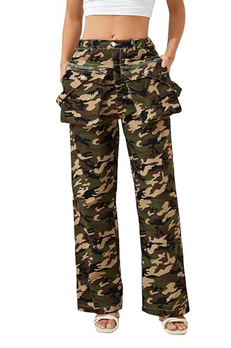 KWSTAIN Cargo Pants Women High Waist Baggy Straight Leg Stretch Adjustable Casual Loose Camouflage Tactical Fatigue Fall Winter Jeans (Camo,L)