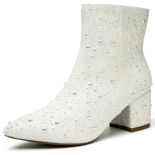 Image of YAYONE Rhinestone Zipper Sparkly Ankle Boots - Glitter Pointed Toe Fashion Comfortable Shoes, Pull on Chunky Heel Western Boots