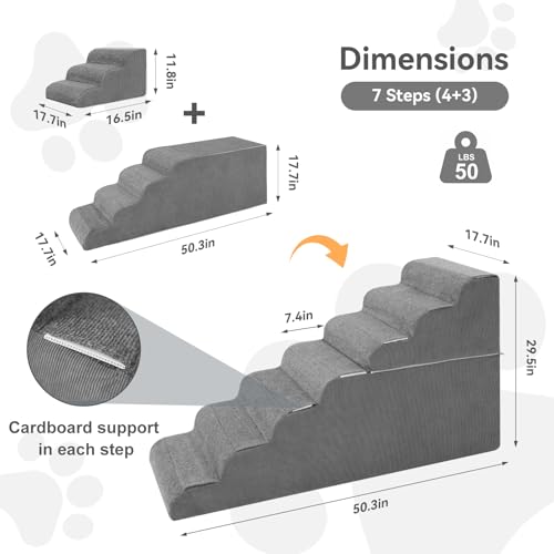 Image of ABORON 7-Step Dog Stairs for High Beds, 29.5 in Tall Pet Steps | Wide 17.7 in steps use reinforced PE support boards, high-density foam, a non-slip base and removable washable cover.