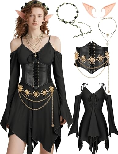 Vermeyen Fairy Handkerchief Dress Costume Flowy Off Shoulder for Women Halloween Cosplay (Black Small)
