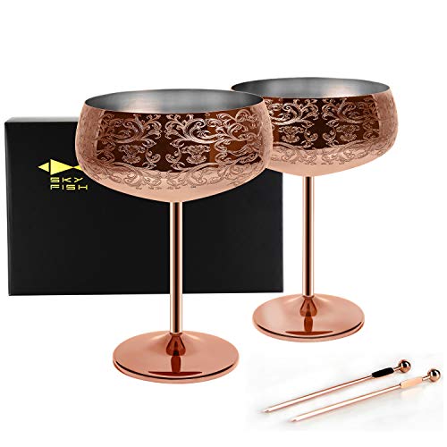 SKY FISH 14 oz Aguafuerte Martini Cocktail Glasse, Copas de vino de acero inoxidable chapadas en cobre con 2 cócteles, juego de 2 400ml.
