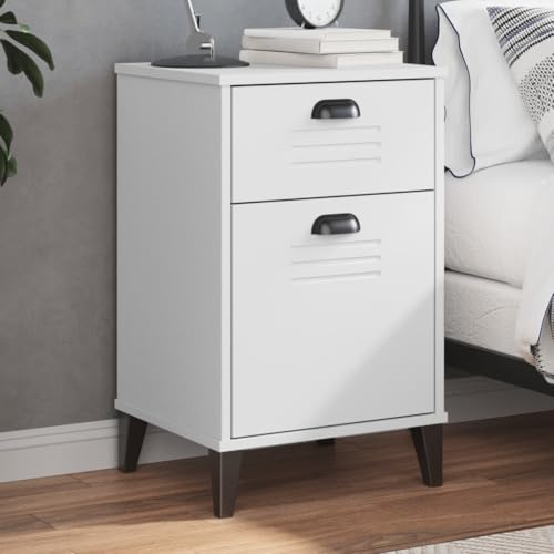Modern Industrial Bedside Table with Drawer, White Engineered Wood Nightstand for Bedroom Storage