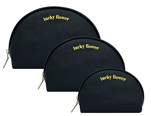 Makeup Bag set of 3 Leather Portable Travel Kit Toiletry Bag Cosmetic Organizer lucky flower (Black)
