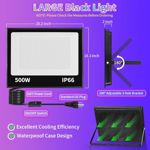 Image of 500W Black Light IP66 with 10ft Cable, Powerful for Halloween Large Space | 2 Pack LED Blacklight Flood Light Outdoor with Switch, Glow in the Dark Party Supplies for Gym Classroom Dance Party Decor