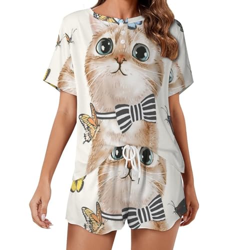 Pyjama chat pour femme manches courtes vêtements de nuit été ensemble homewear léger
