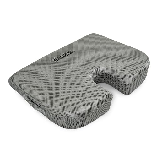 Image of WELLGIVER Memory Foam Car Seat Cushion for Driving - Orthopedic Seat Cushion for Car & Office Chair, Tailbone & Sciatica Pain Relief, Ergonomic Coccyx Support Pillow with Breathable Cover