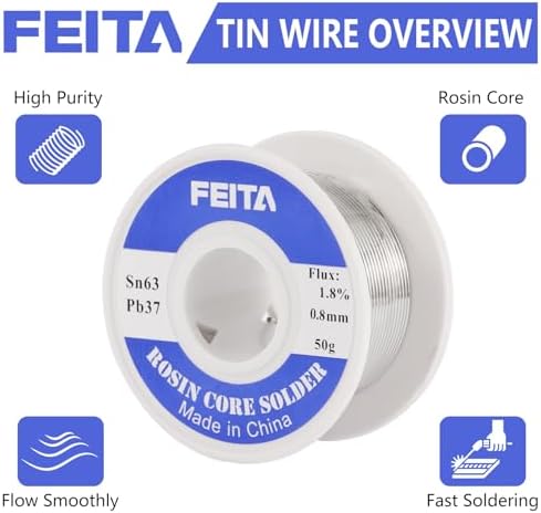 FEITA Sn63-Pb37 전기 납땜용 고순도 주석 납 로진 코어 납땜 와이어, 1.8% 납땜 플럭스, 183°C 융점 (0.8mm, 50g) — 사진 3