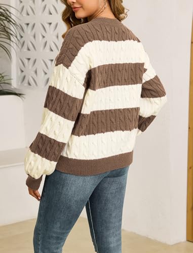ZAFUL Fall Sweater for Women V Neck Lantern Sleeves Clothes Loose Fit Stripe Knitted Pullover Top 20253