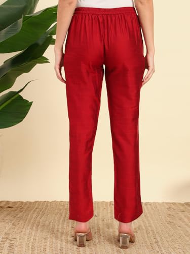 Image of Vogaan Women's Cotton Silk Pant | Half-Elasticated Waist Slim Fit Trouser for Women | Casual Pocket Pants for Office Formal Daily Use
