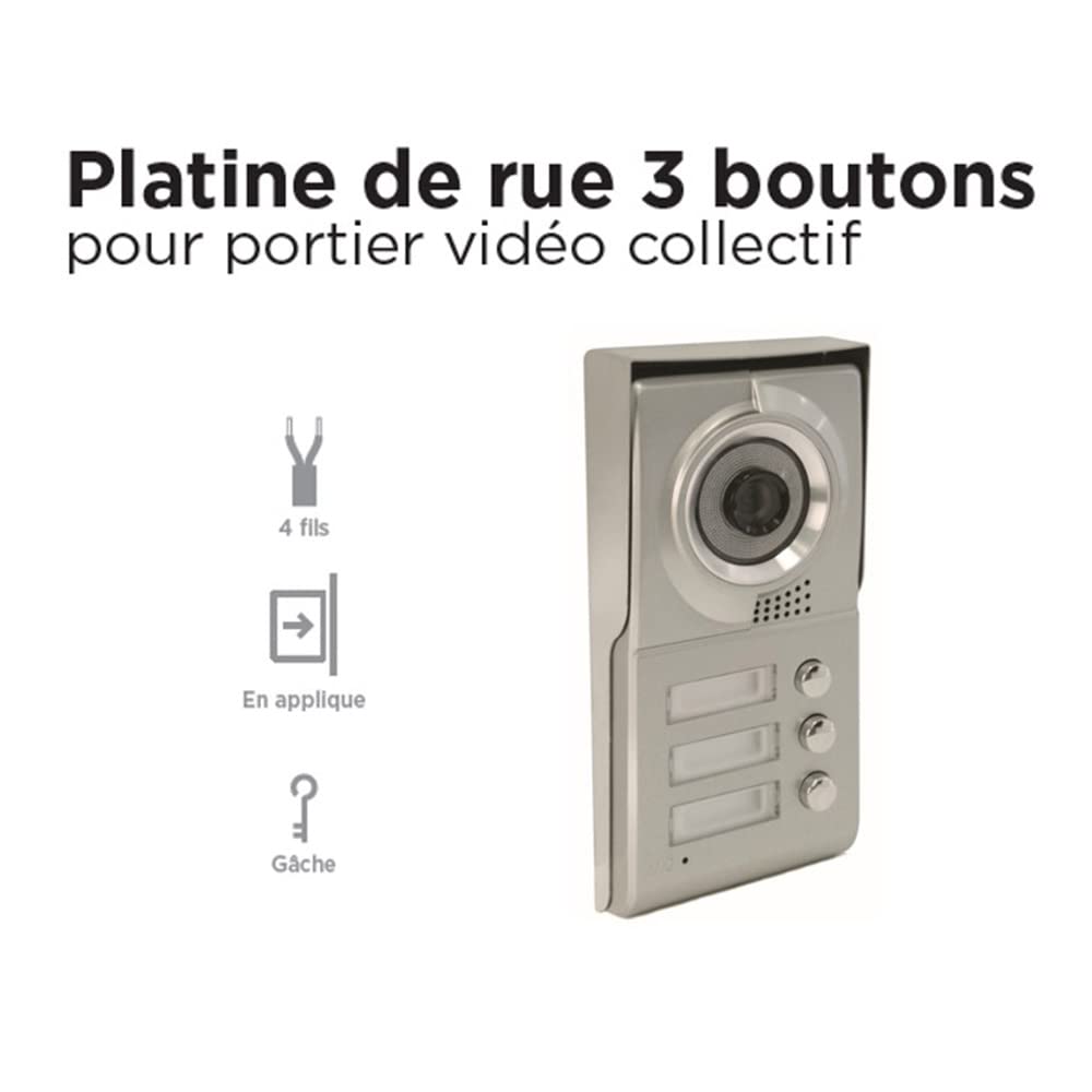 SCS Sentinel - PMP0011 - Platine de Rue 3 Boutons pour Interphone Vidéo Collectif 4 Fils - Pour Petit Immeuble ou Résidence 3 Logements - Façade Alu - Angle de vision 110° - Porte-Étiquette - 3B1