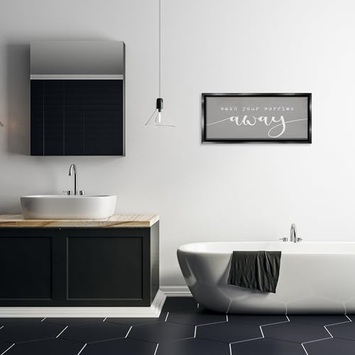 Image of 'Wash Your Worries Away Phrase'| Floating Frame Canvas Art | Stupell Industries | Black, 31 x 14 Inches, Easy to Hang and Sturdy, Made in USA, by Lil' Rue