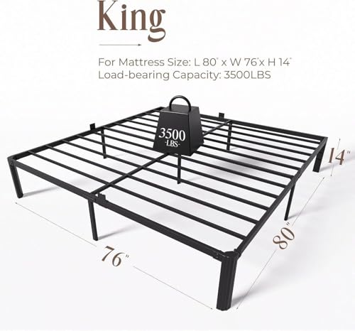 Image of King Metal Bed Frame 14 Inch, Heavy Duty Platform, No Box Spring Needed | Headboard compatible, round corners, under-bed storage, mattress retainers, squeak-resistant, easy assembly