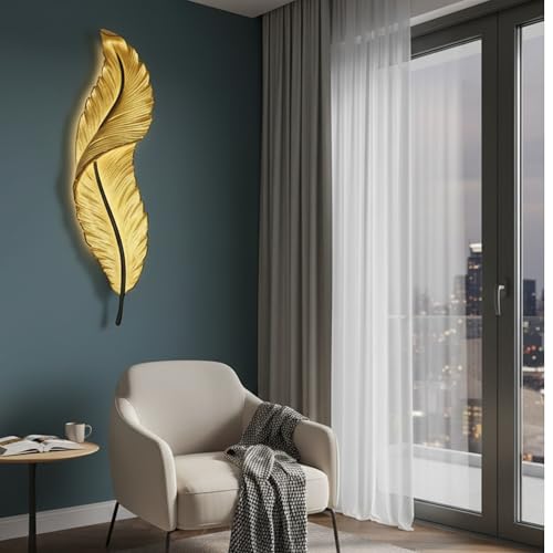 Image of Resin Antique Feather Wall Sconce|Snowy Quill Decorative Wall Light for Living Room, Hallway, Kitchen & Office- Warm White, Cool White, Natural White (Golden+Black)