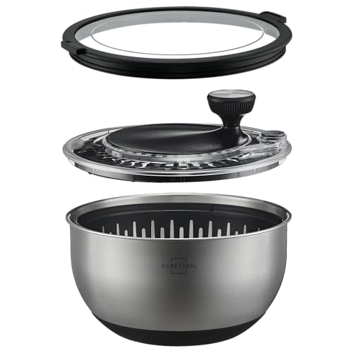 SILBERTHAL Salatschleuder Edelstahl mit Deckel 4,5l groß & rutschfestem Boden - Salad Spinner mit Kurbelantrieb & Stopptaste -...
