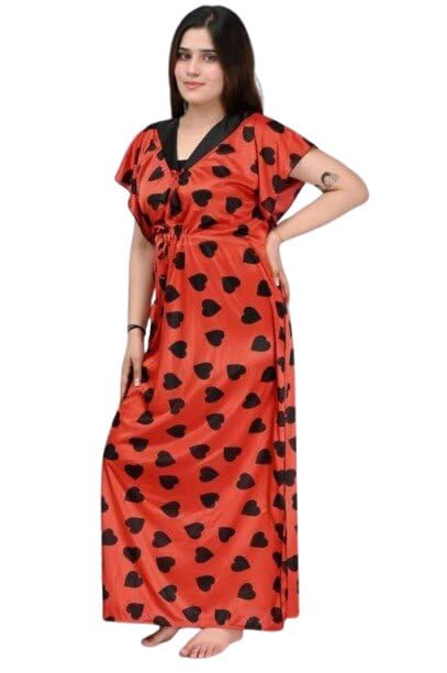 Women Nighty Elegant Print Comfortable Sleep Dress Relax Fit Soft Fabric Lounge Gown Red Free Size-image-39