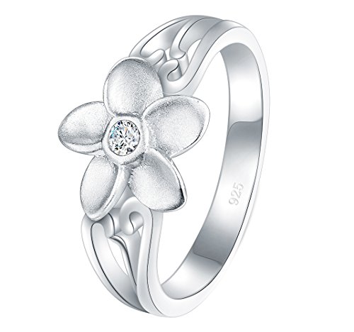 BORUO 925 Sterling Silver Ring, Plumeria Cubic Zirconia CZ Hawaiian Flower High Polish Tarnish Resistant Comfort Fit Wedding Band Ring Size 7