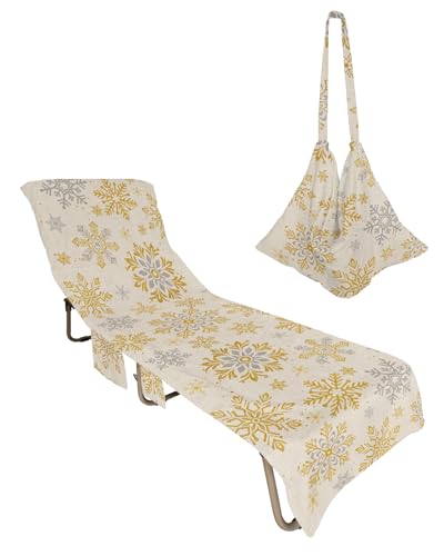Gold Snowflake Beach Chair Towel Covers for Chaise Lounge with Side Pocket, Soft Plush Pool Towels Cover for Patio Sunbathing Outdoor 29''x85'' Vintage Christmas Grey Flower