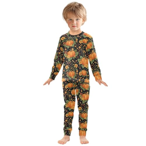 Pajama Sets Long Sleeve Pumpkin Floral Black Background Soft Comfy Sleepwear 2 Piece PJS 3-8T2