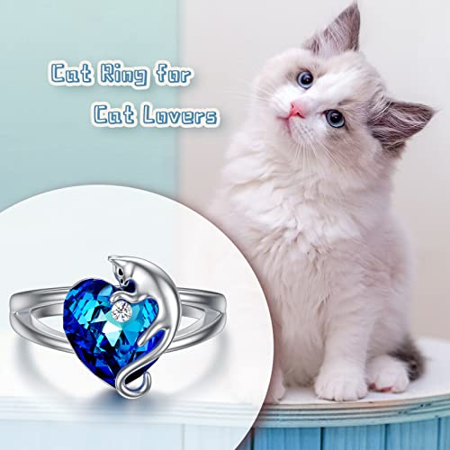 AOBOCO Sterling Silver Cat Ring with Heart Crystal - Cat Gifts3