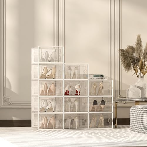 صناديق تخزين احذية من كوجيكت مقاس XL للخزانة من 12 قطعة، تناسب مقاس 11، حاويات احذية رياضية بلاستيكية شفافة قابلة للتكديس للمدخل، رف احذية موفر للمساحة، بديل لوحدة تنظيم الادراج، ابيض