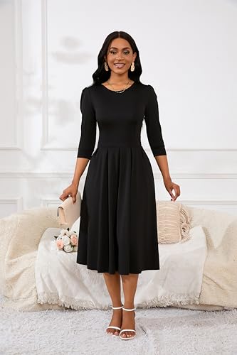 Yajedo Womens Casual Midi Dress Fashion 3/4 Sleeve A Line Crew Neck Flowy Swing Trendy Dress2