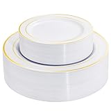 I00000 60 Pieces Gold Plastic Plates, Heavy Duty White and Gold Plastic Plates for 30 Guests Include: 30 Gold Rim Dinner Plates and 30 Gold Dessert Plates Perfect for Wedding & Party