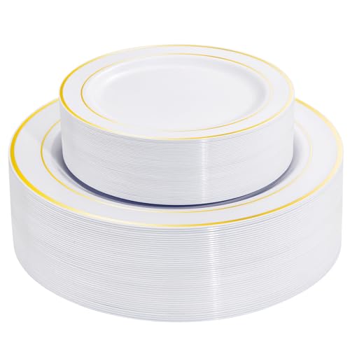 I00000 60 Pieces Gold Plastic Plates, Heavy Duty White and
