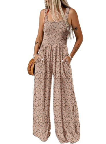 Dokotoo Womens Overalls Khaki Jumpsuits for Women Casual Loose Fit Solid Color Wide Leg One Piece Sleeveless Jumpsuit Printed Long Pant Rompers with Pockets Printed M