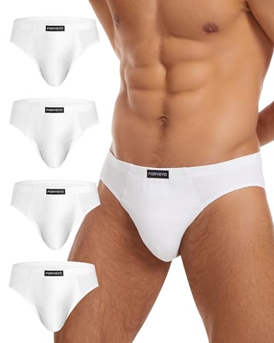 Forvevo Men's Underwear Briefs, Cotton Mens Underpants, Breathable Stretch Waistband Soft No Labels Briefs Slips Underwear With Pockets 4 Pack (White, M)