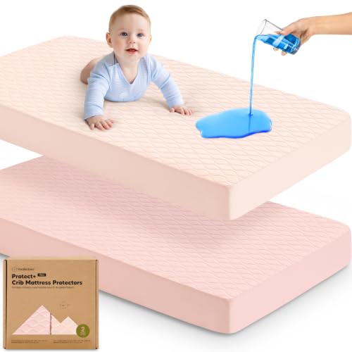 Image of 2-Pack Waterproof Crib Mattress Protector Cover Fitted - Quiet Baby Crib Mattress Pad Sheets, 52 inch x 28 inch Soft Quilted Cotton Baby Sheet, Machine Washable, Easy Fit, Durable (Mist Rose /Mavy)