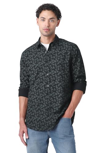 Image of Peter England Men's Slim Fit Full Sleeve Casual Shirt in Slub Cotton with All-Over Leafy Print