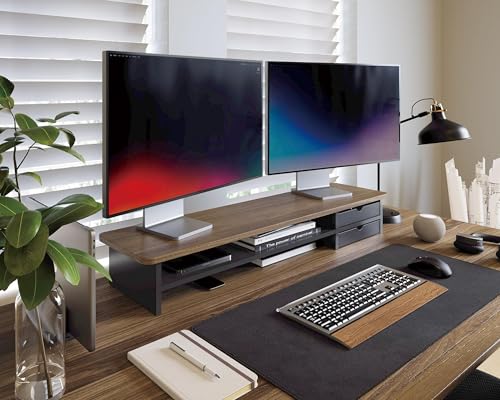 Image of Fenge Monitor Stand, Dual Monitor Riser, 42.5inch Large Desk Computer Monitor Stand Riser with Drawer, 2 Tier Wood & Acrylic Desktop Organizer for Computer, Laptop, Printer, TV Screen Riser