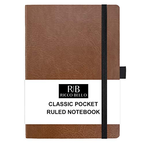RICCO BELLO Small Pocket College Ruled Hardcover Journal Notebook, Vegan Friendly Faux Leather Cover, Pen Loop, Bookmark, Storage Pocket, 192 Pages, 4.25 x 6 Inches (Brown)