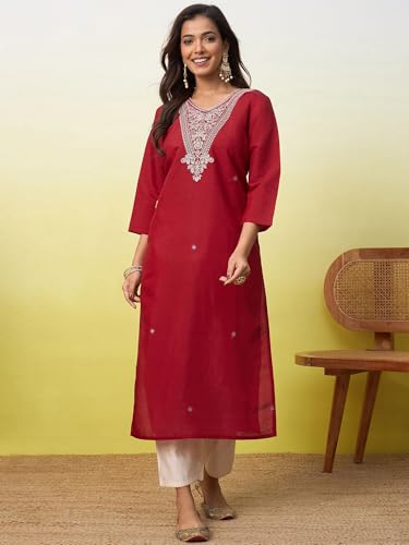 Image of Women's Silk Blend Embroidery Straight Kurta | Ethnic Kurtas for Women | Kurtis for Women Festive, Casual Office Wear Ethnic Kurta for Women