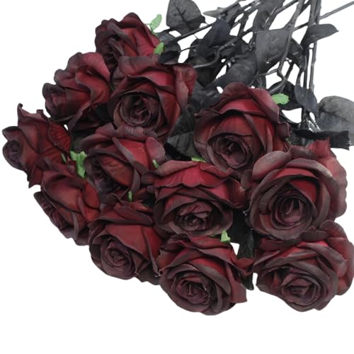 Artificial Roses Flowers, 12 Pcs Fake Burgundy Rose in Bulk, Long Stem Realistic Silk Roses Bouquet for Halloween Decoration, Fall Home Decor, Centerpieces, Flower Arrangement (Burgundy, 12-PCS)