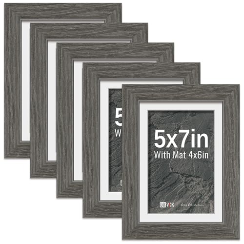 Image of VCK 5x7 Picture Frame 5 Pack, Grey Wood, 4x6 Mat, Glass, for Photo Print